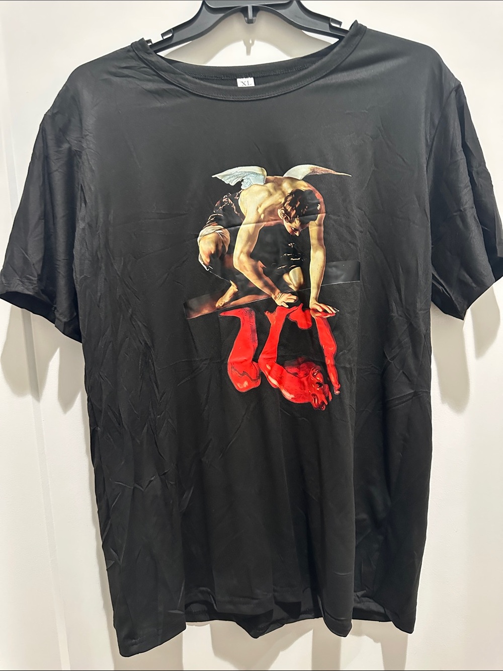 Black Graphic Men's T-Shirt with Angel and Red Devil Print